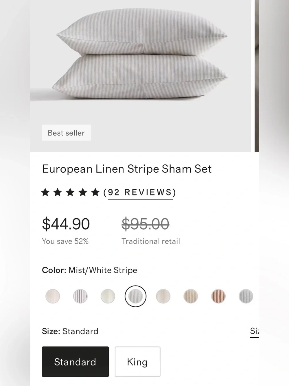NWOT Quince European Linen Stripe Sham Set, Standard (Mist/White)
